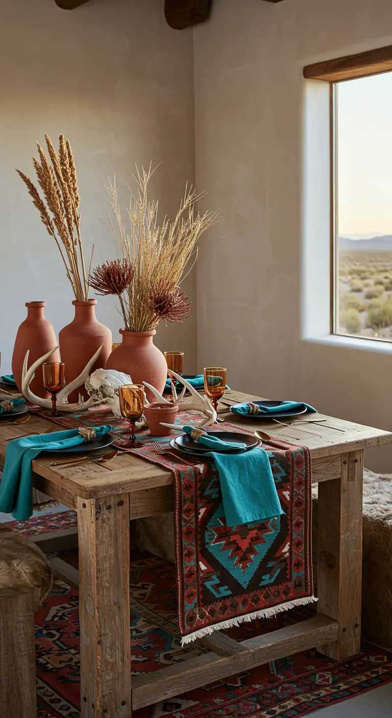 A desert-modern tablescape with a rustic wood table, terracotta vases, and turquoise napkins.