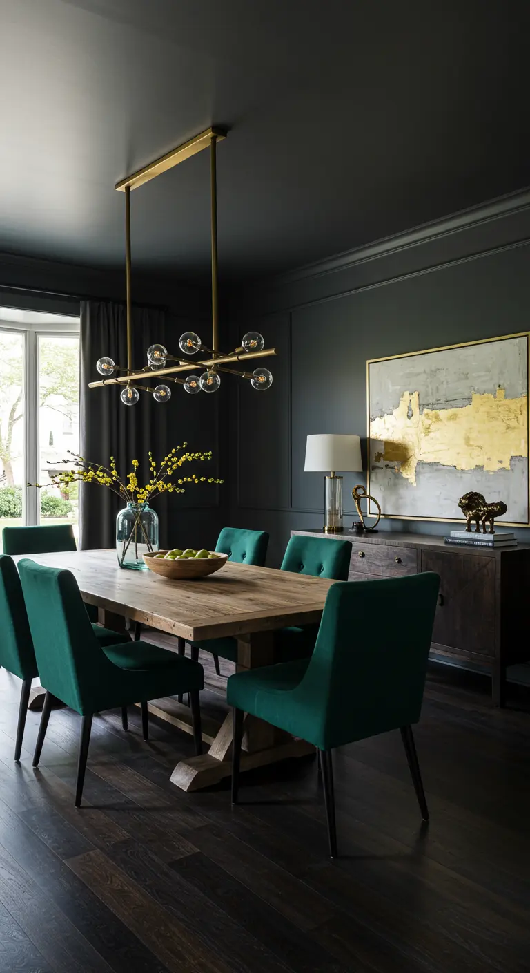 Dining room with charcoal walls, emerald green velvet chairs, and a linear brass chandelier.