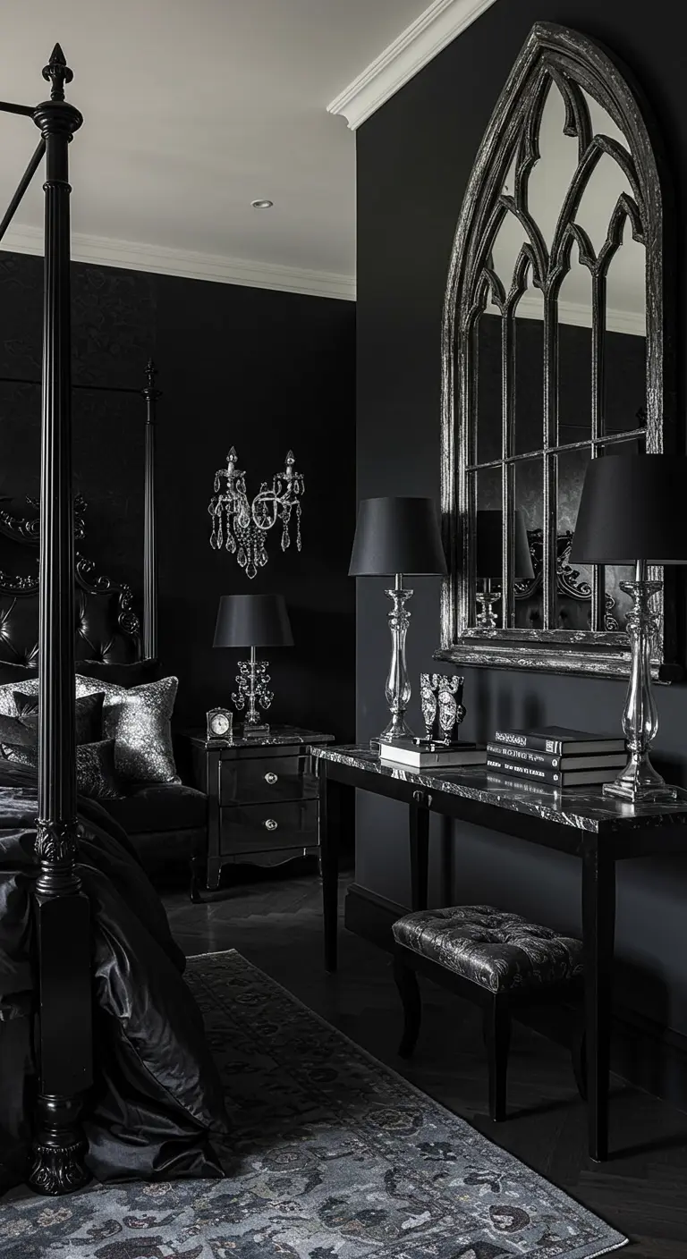 All-black gothic-style bedroom with a four-poster bed and ornate mirror.