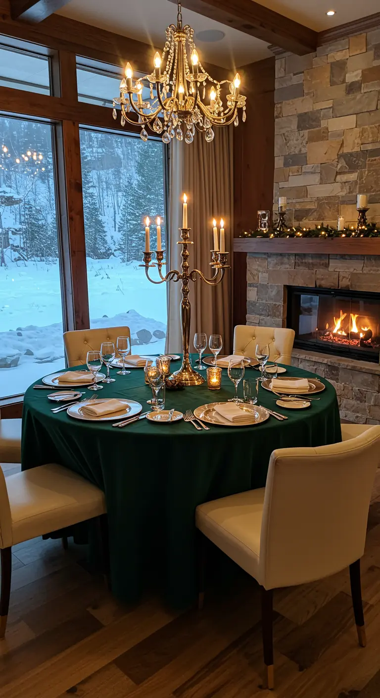 A round dining table with a green tablecloth and gold candelabra in front of a stone fireplace.