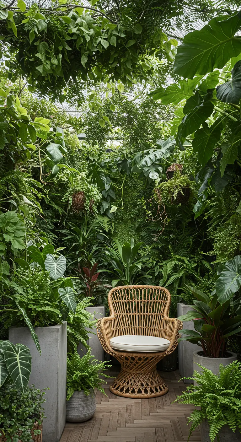 An extremely dense and lush balcony overflowing with a wide variety of plants.