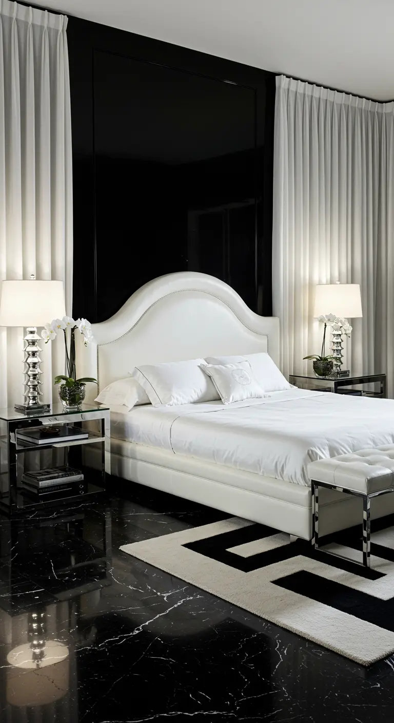A striking black and white bedroom with a marble floor and a white leather headboard.