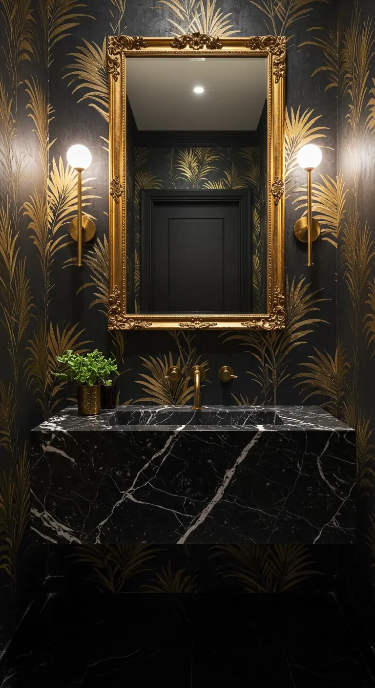 Dramatic powder room with black and gold wallpaper, a gilded mirror, and a black marble sink.