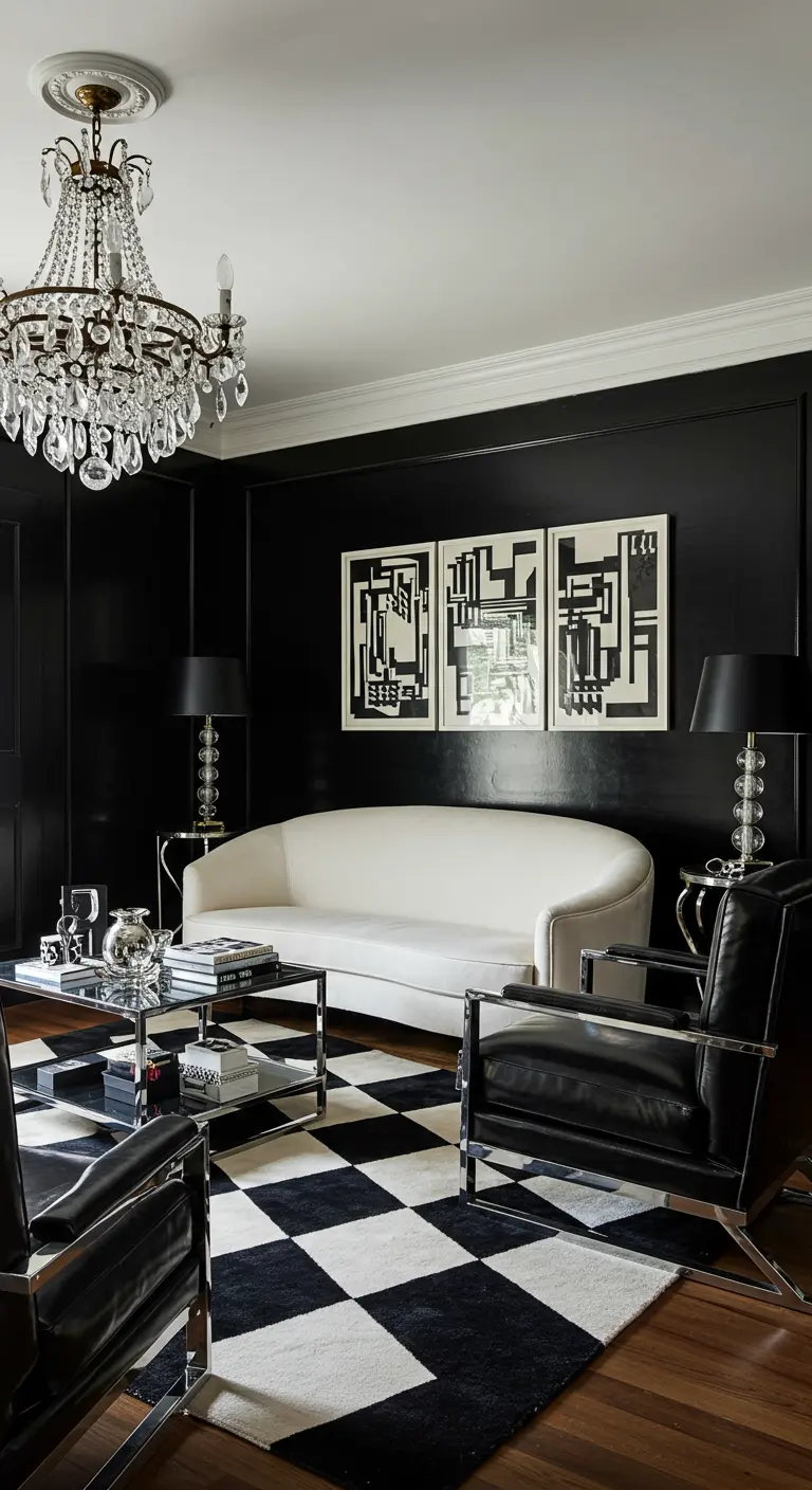 Glamorous living room with high-gloss black walls, a crystal chandelier, and a checkerboard rug.