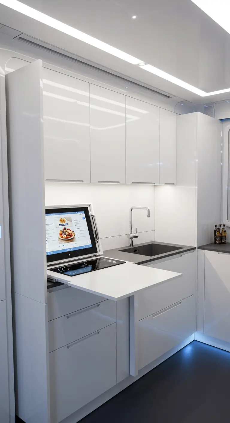 Futuristic white kitchen with a high-tech pull-out surface with an integrated screen and cooktop.
