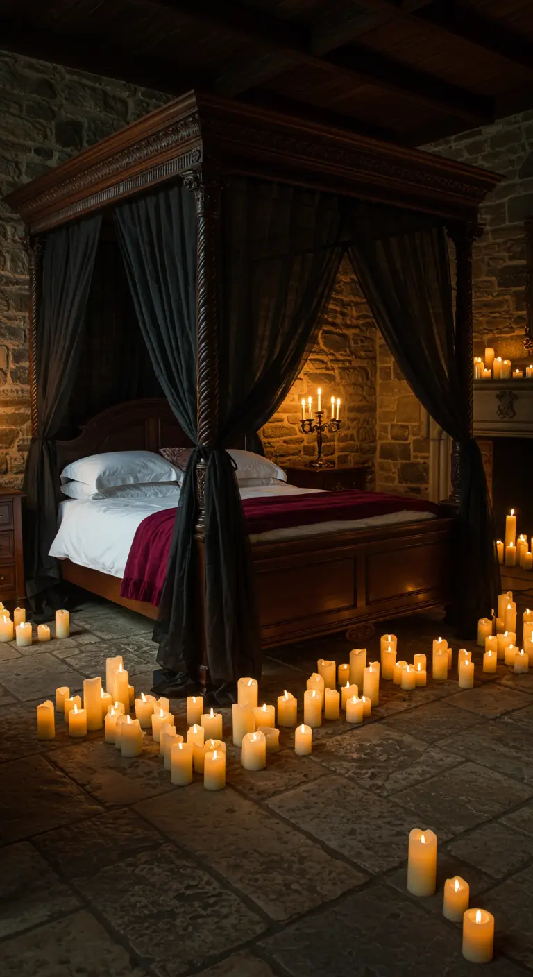 Gothic-style four-poster bed with black drapes and candles on a stone floor.