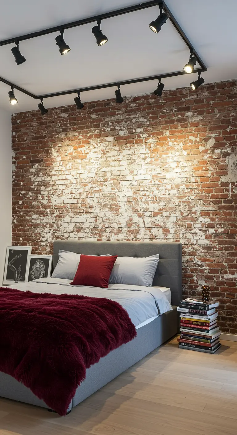 A bedroom with a distressed, partially painted white brick wall and a pop of red from a pillow.
