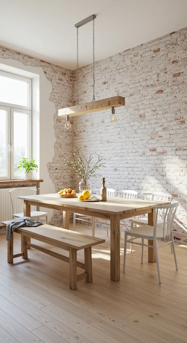 Dining room with a partially plastered, whitewashed brick wall and a wood beam light.