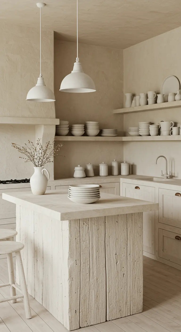 Rustic kitchen with creamy plaster walls, open shelving, and a raw wood island.