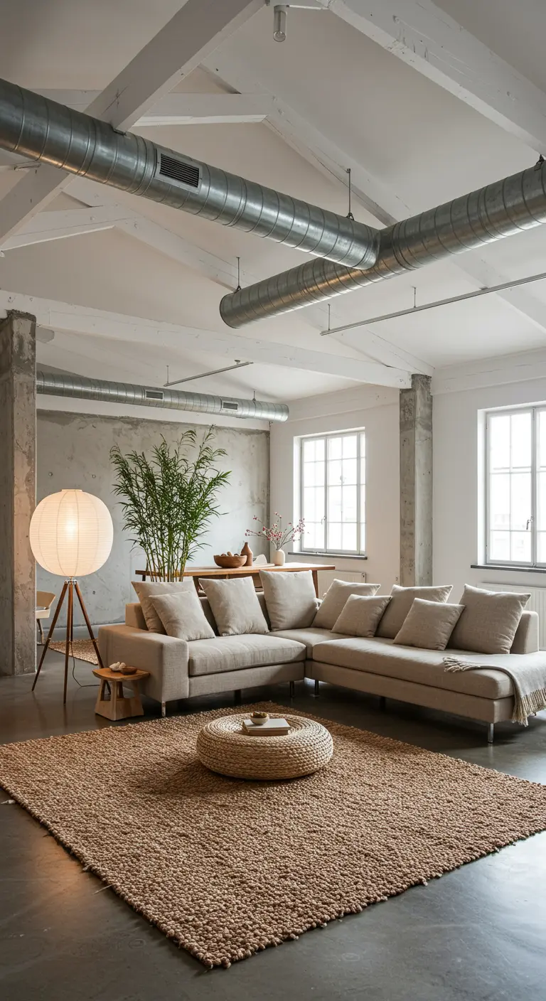 Industrial loft living room with concrete floors, exposed pipes, and a large jute rug.