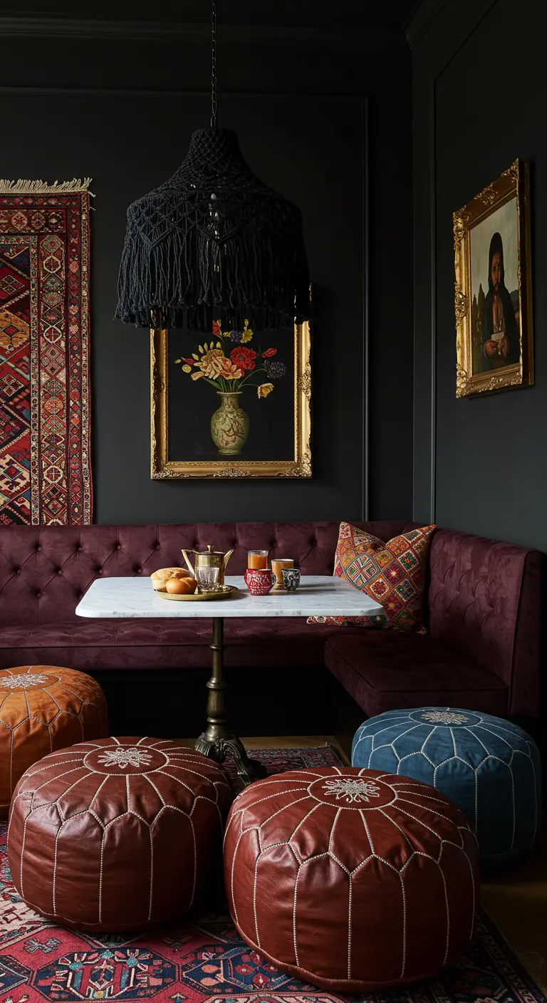 Moody dining nook with black walls, a plum banquette, leather poufs, and a black macrame light.