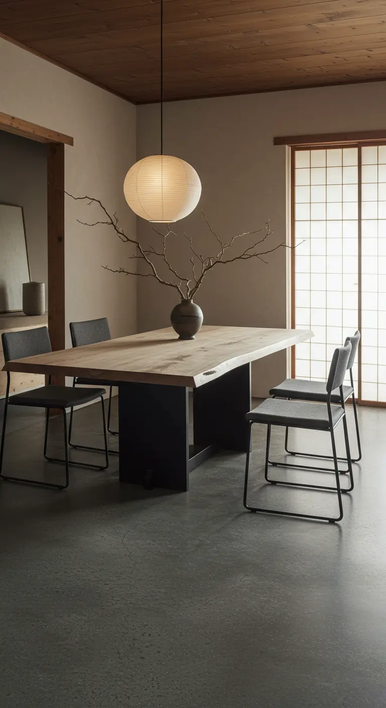 Japandi dining room with a live-edge table, paper lantern, and a branch centerpiece.