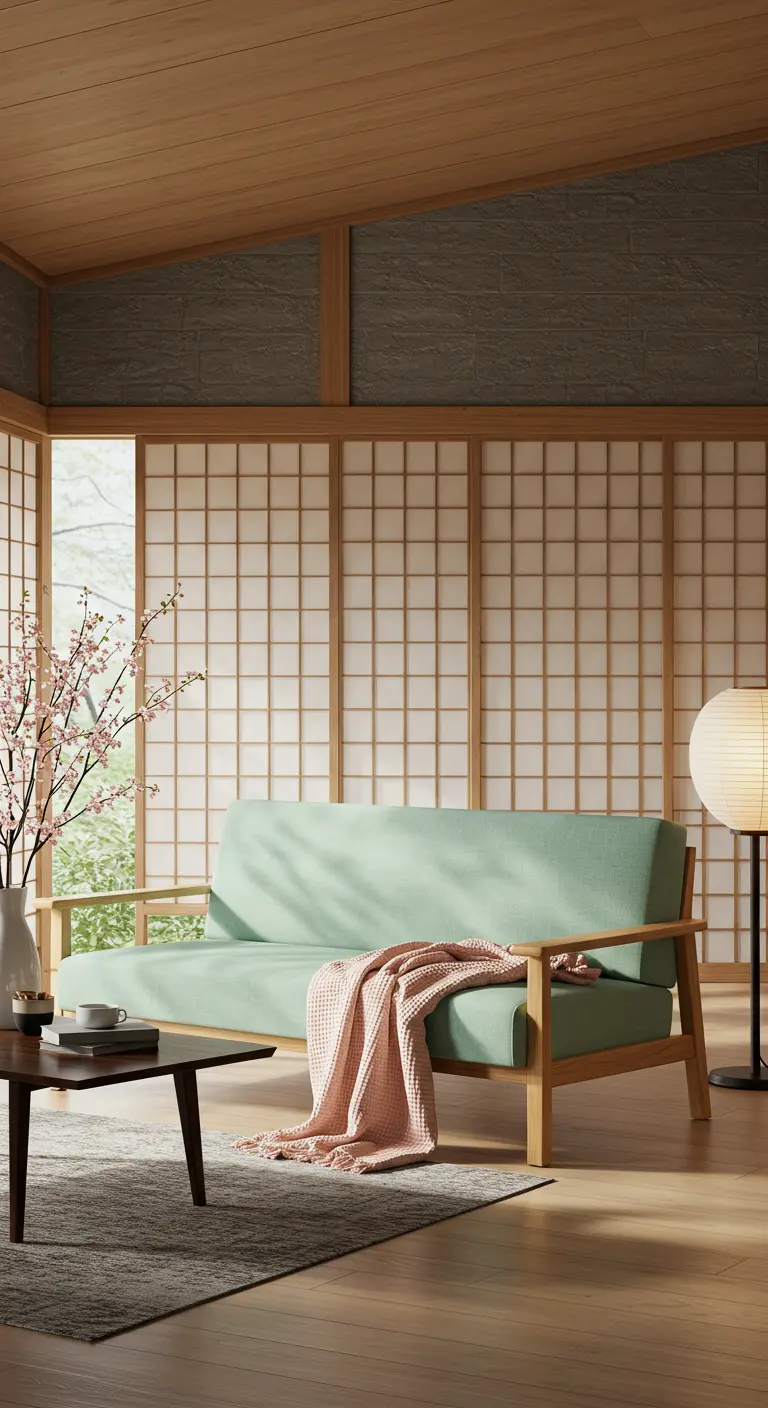 A tranquil Japandi-style room with a mint sofa, pink throw, and shoji screen walls.