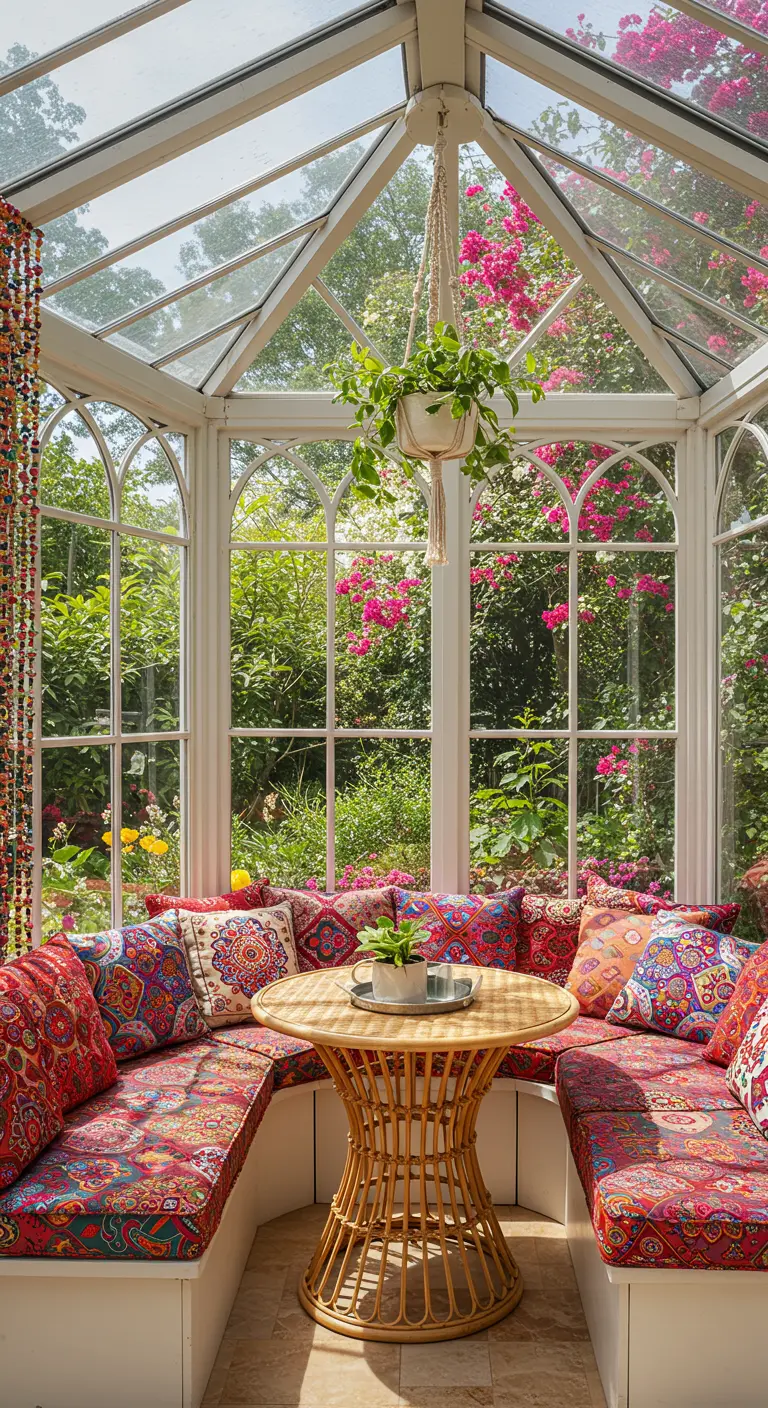 A bright conservatory breakfast nook with colorful patterned cushions and a rattan table.