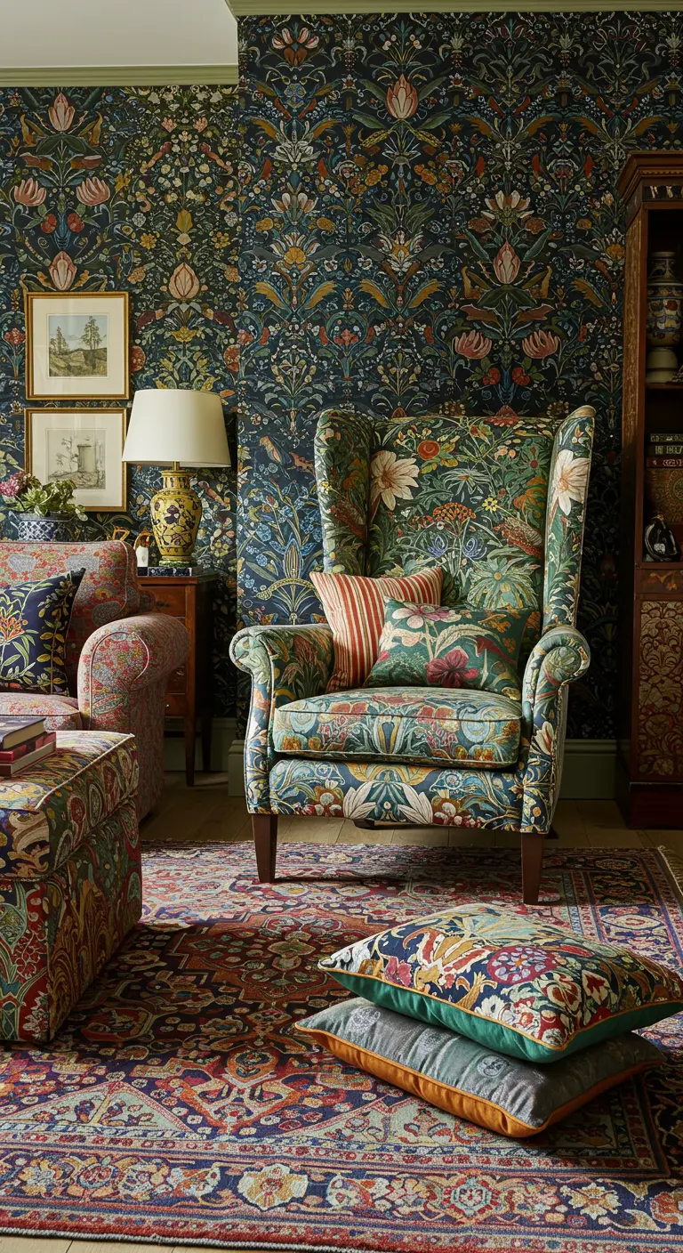 Wingback chair upholstered in the same dense floral pattern as the wallpaper in a maximalist room.