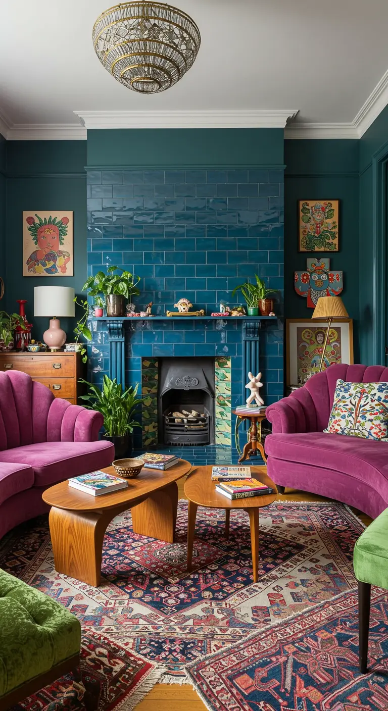 Maximalist living room with a teal tiled fireplace, magenta sofas, and colorful folk art.