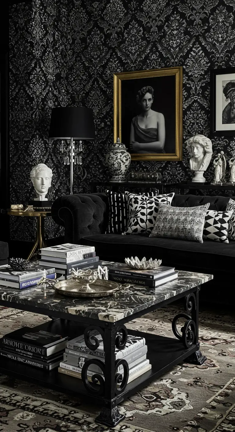 Maximalist black living room with damask wallpaper, a tufted sofa, and numerous sculptures.