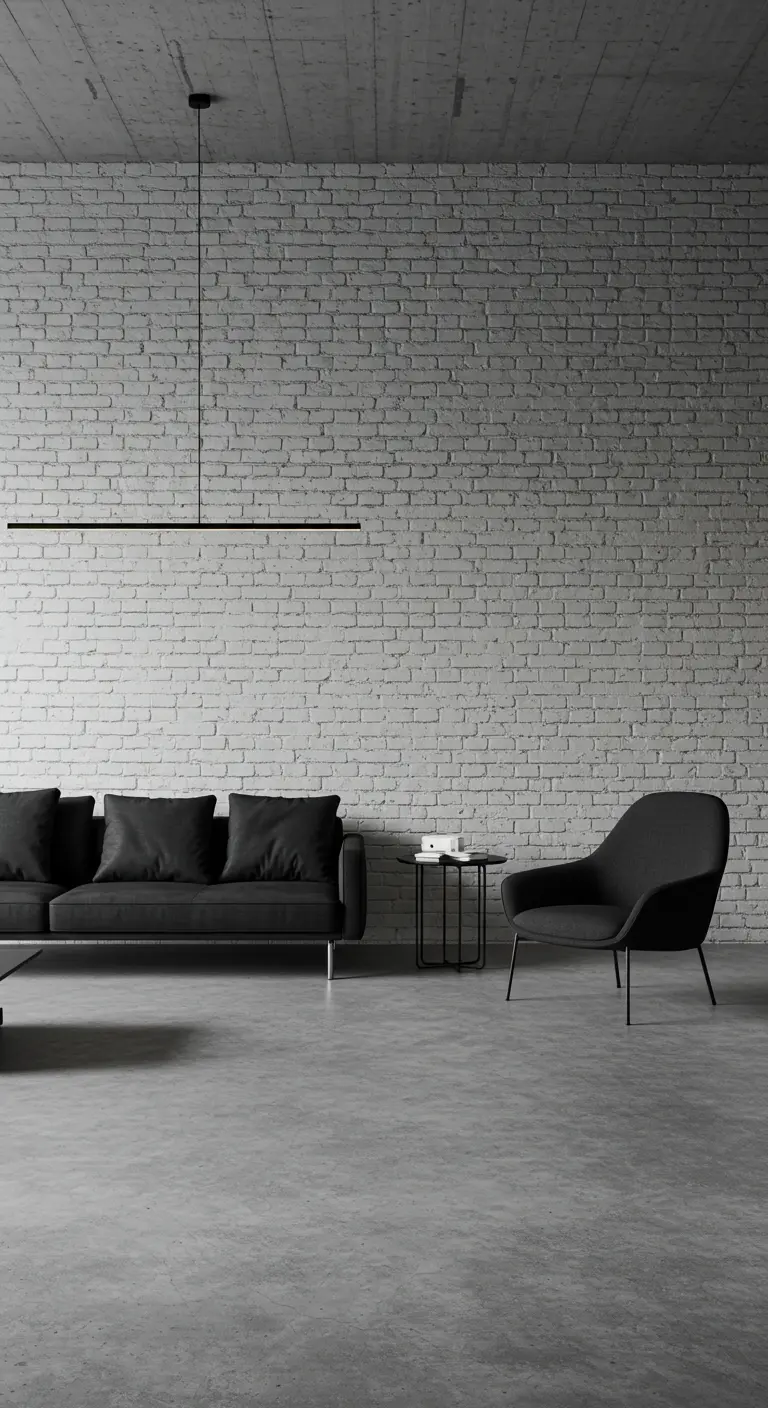 A stark, minimalist room with a black sofa and a single black linear light fixture.
