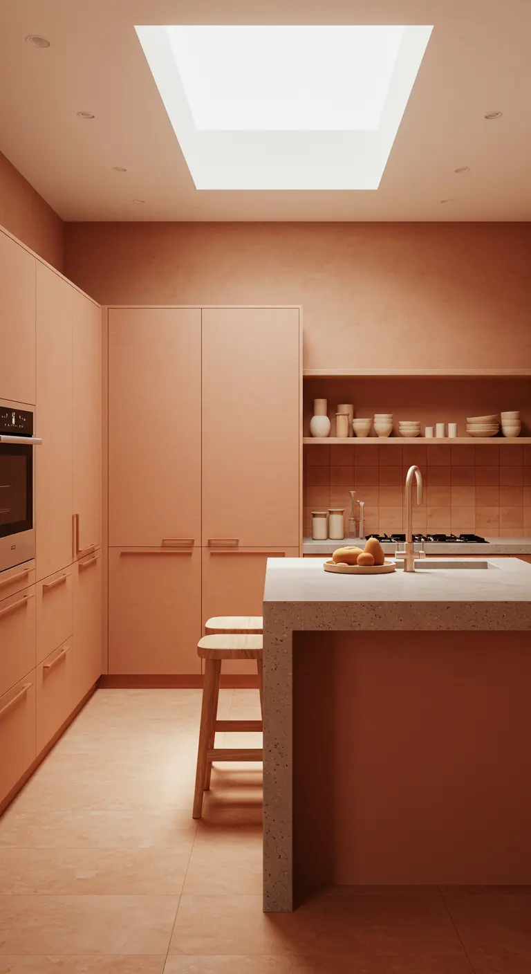 A modern kitchen with floor-to-ceiling terracotta-colored cabinets and a skylight.