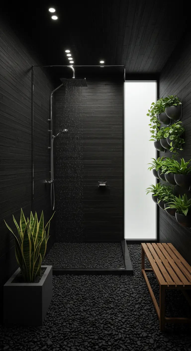 A modern black shower with a pebble floor and a vertical wall garden on the side.