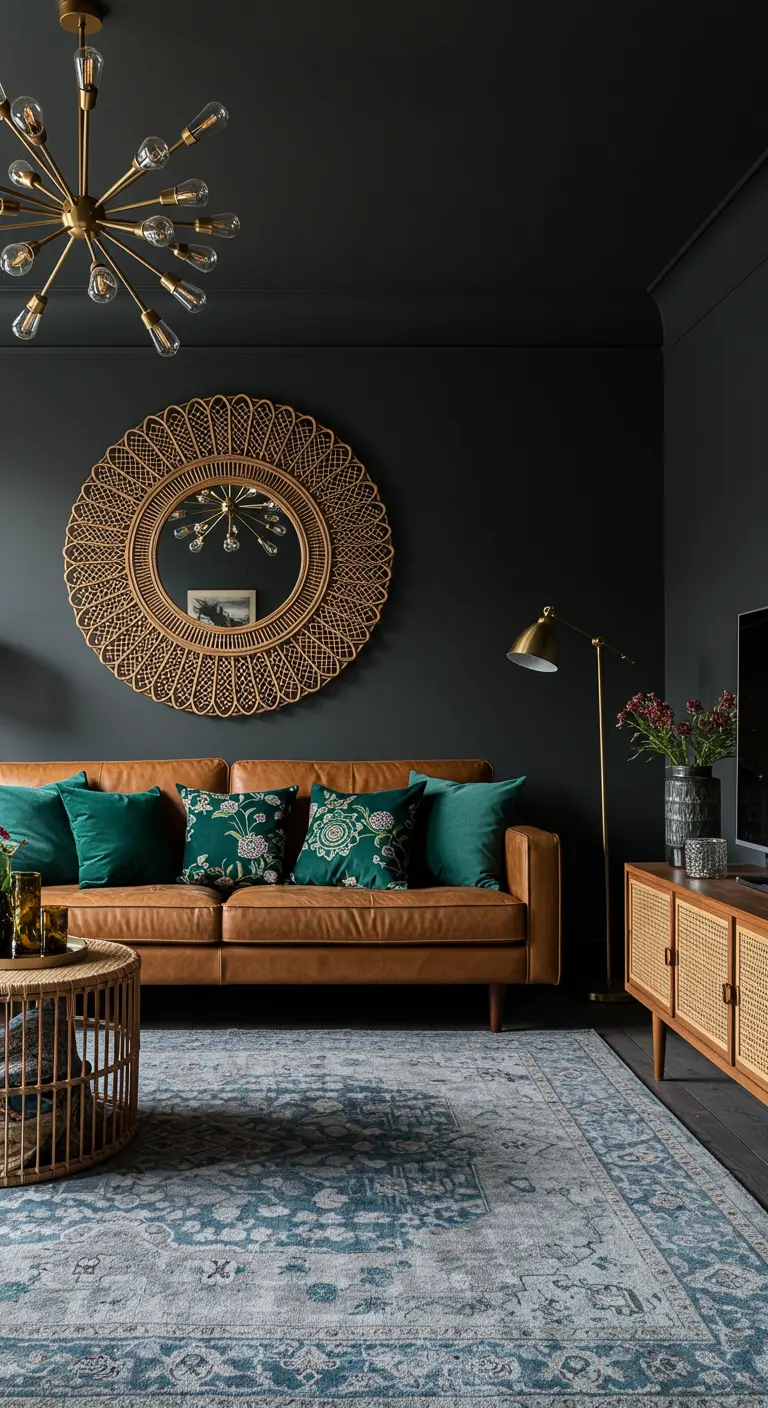 Dark living room with a brown leather sofa, rattan mirror, and emerald green pillows.