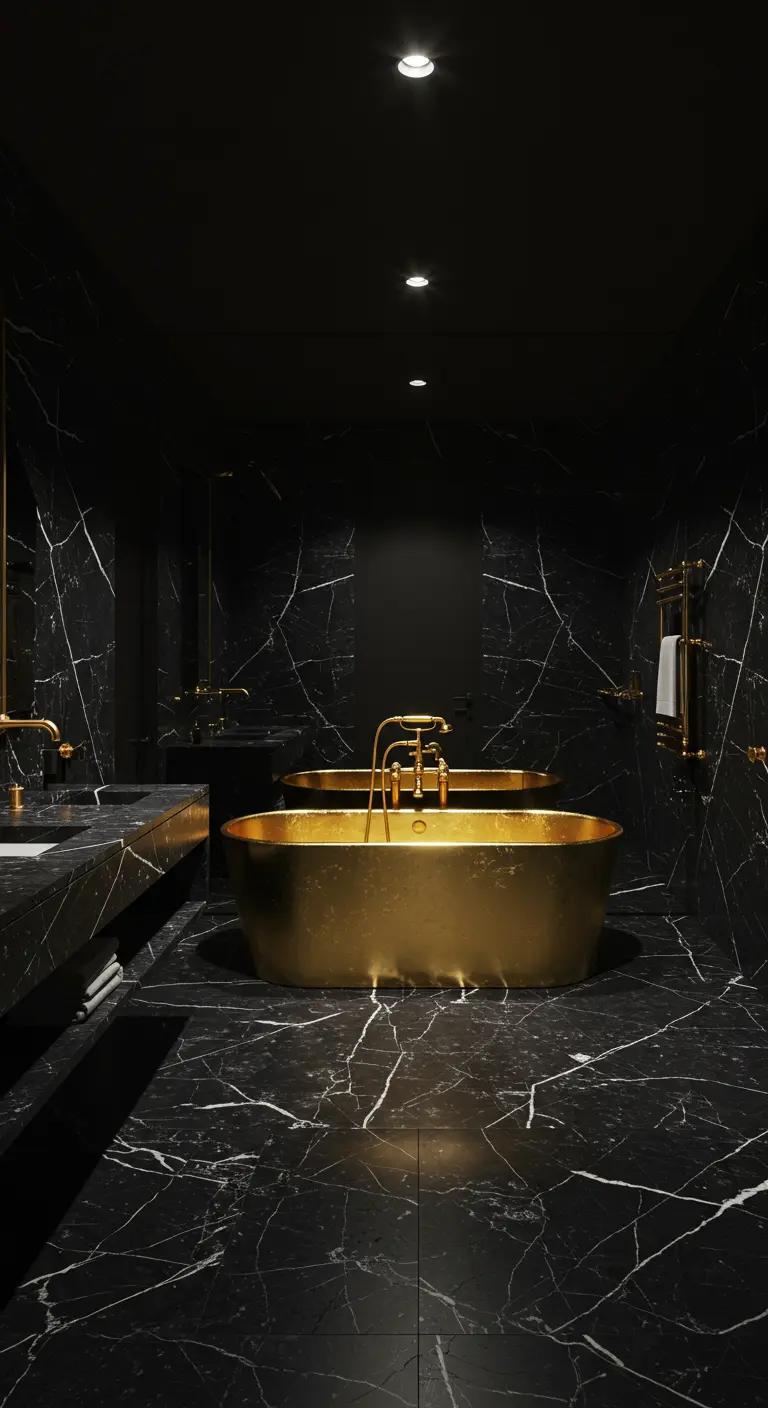 Dramatic black marble bathroom with a statement freestanding gold bathtub.