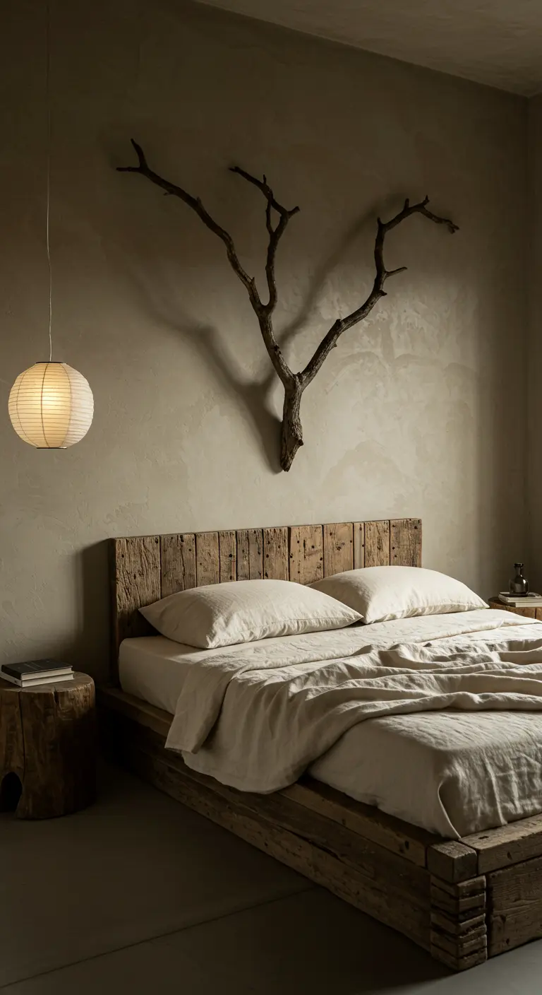 Bedroom with a reclaimed wood bed and a large, artistic branch mounted on the wall above it.