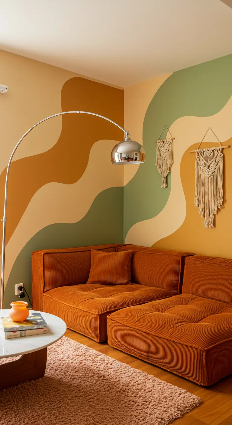 A burnt orange corduroy sofa against a wall with wavy color blocks in earthy tones.