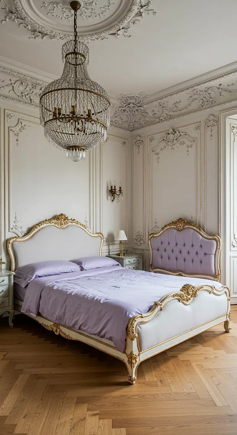 Parisian-style bedroom with an ornate white-and-gold bed, lavender bedding, and a crystal chandelier.