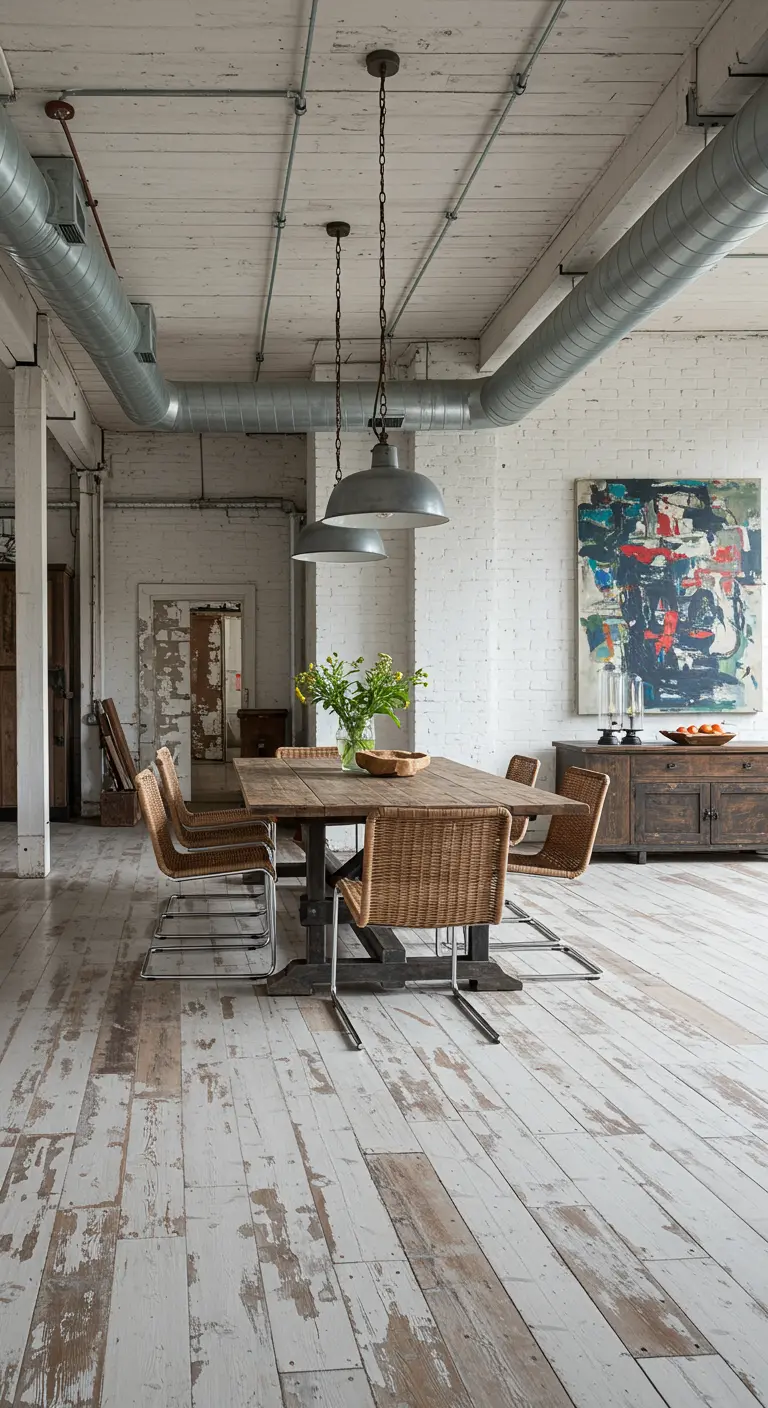 Industrial loft dining area with exposed ductwork, distressed floors, and a large abstract painting.