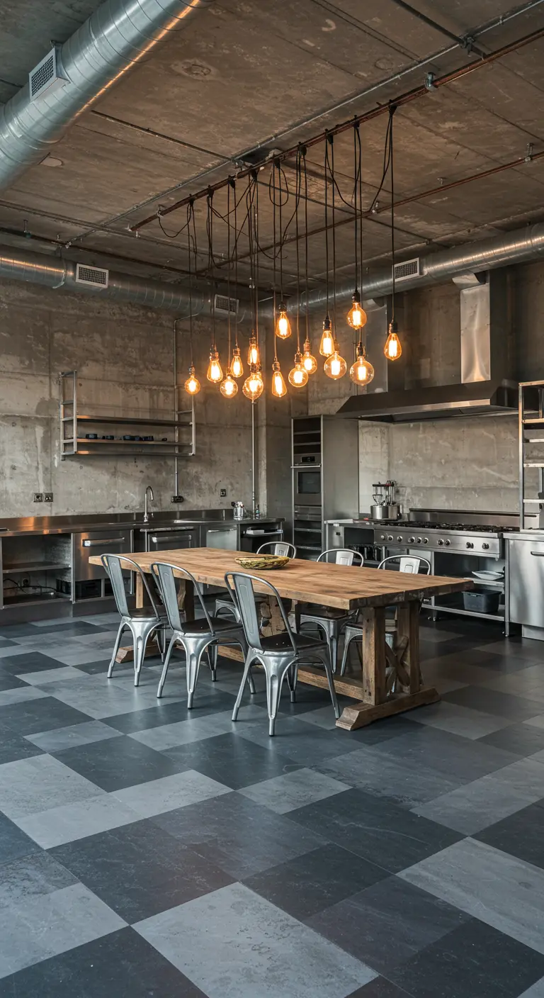 Expansive industrial kitchen with concrete walls, exposed ductwork, and a cluster of Edison lights.