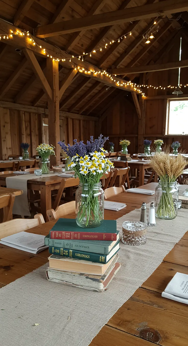A rustic barn table with a centerpiece of stacked books and a mason jar of wildflowers.