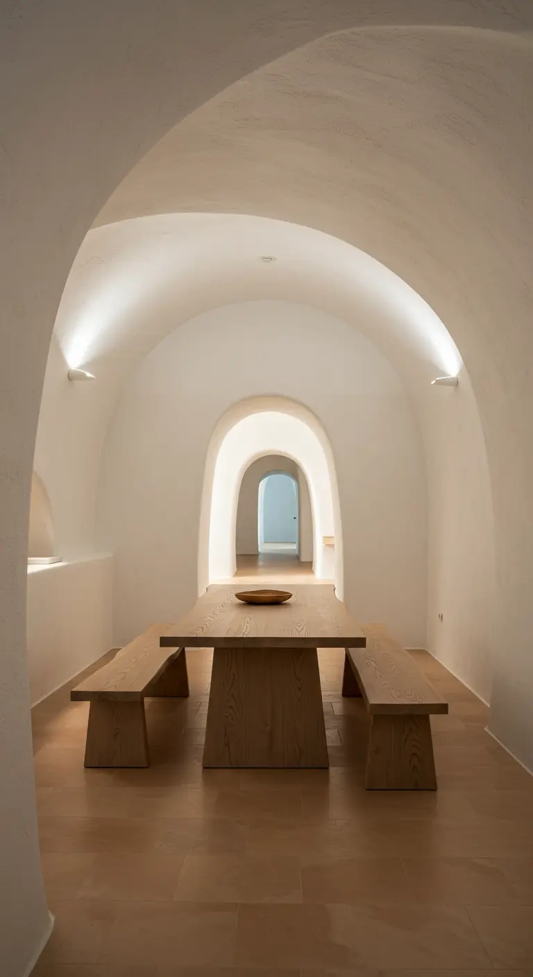 A minimalist dining space within a series of whitewashed, cave-like arches.