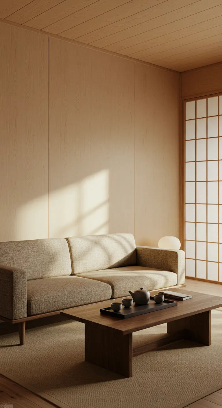 Japandi living room with light wood walls, a low-profile sofa, and a shoji screen.