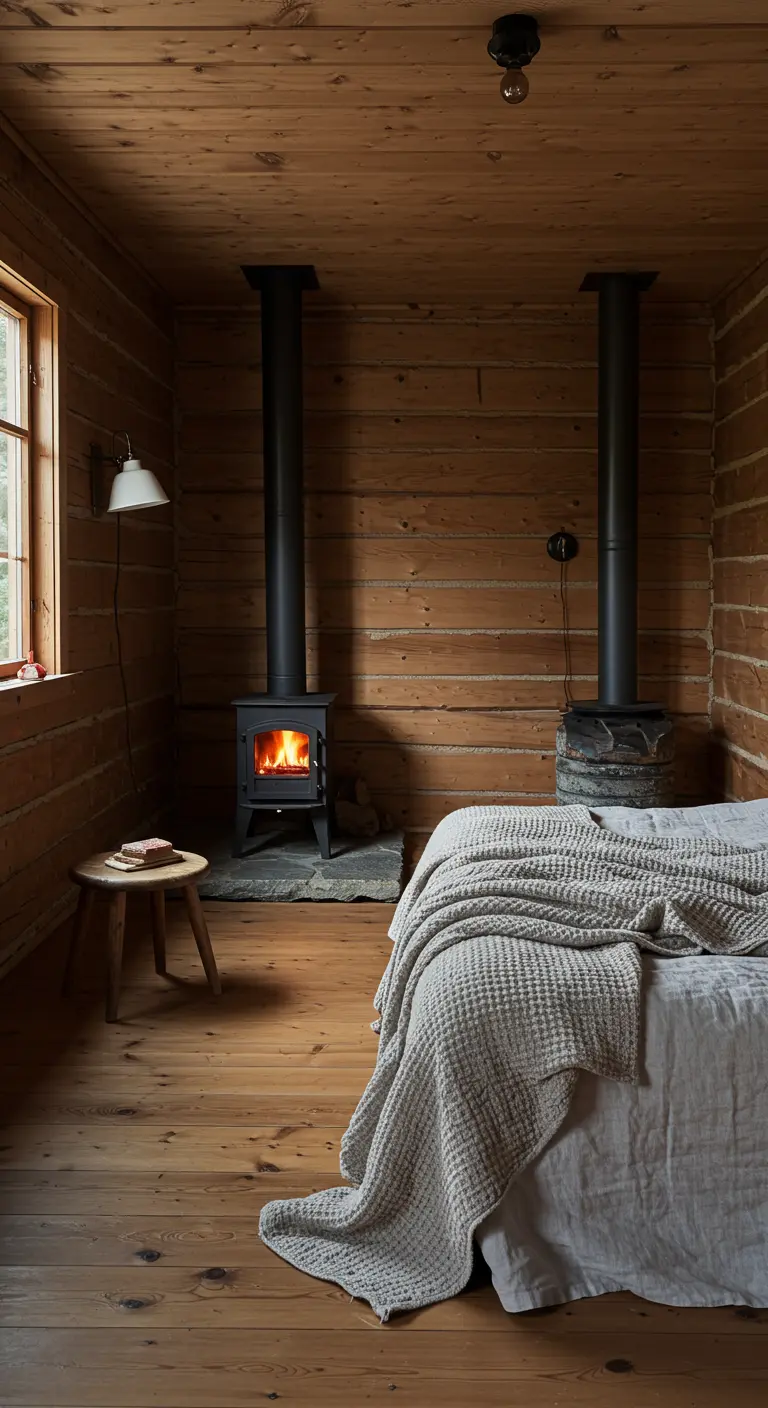 Simple log cabin bedroom with a bed, a small wood stove, and minimal furniture.