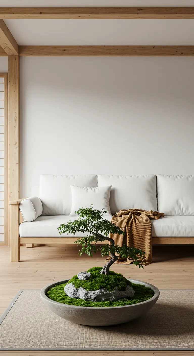 Minimalist living room with a light wood sofa and a bonsai tree on the floor.