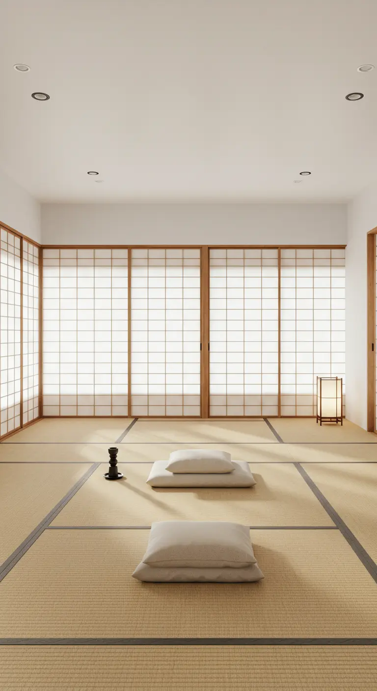 A tranquil Japanese room with tatami mat floors, shoji screens, and simple floor cushions.