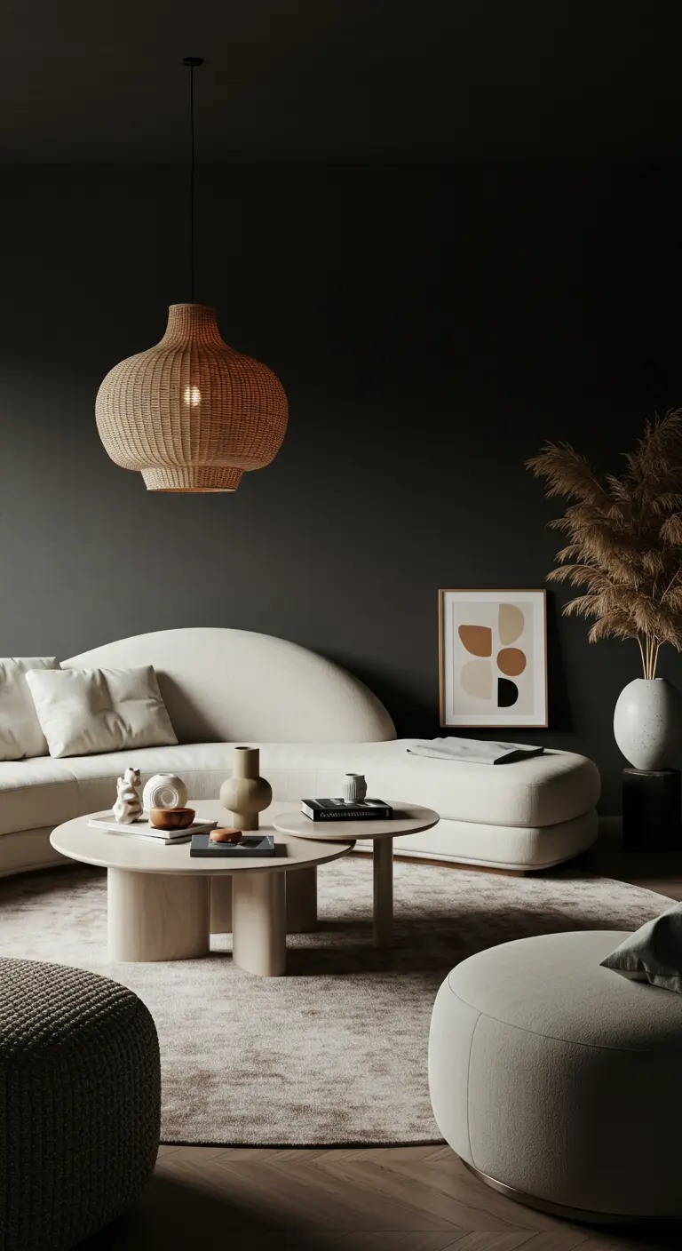 A curved off-white sofa and round tables in a dark room with a large woven pendant light.