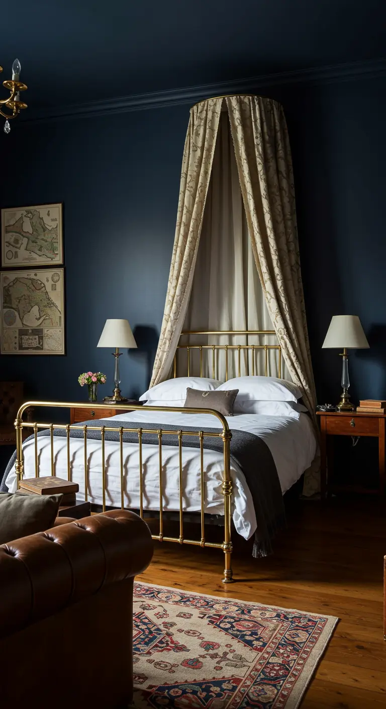 A sophisticated bedroom with navy blue walls, a brass bed with a canopy, and vintage maps on the wall.