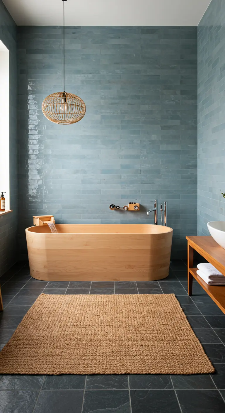 Minimalist bathroom with a wooden Japanese soaking tub and slate floor.