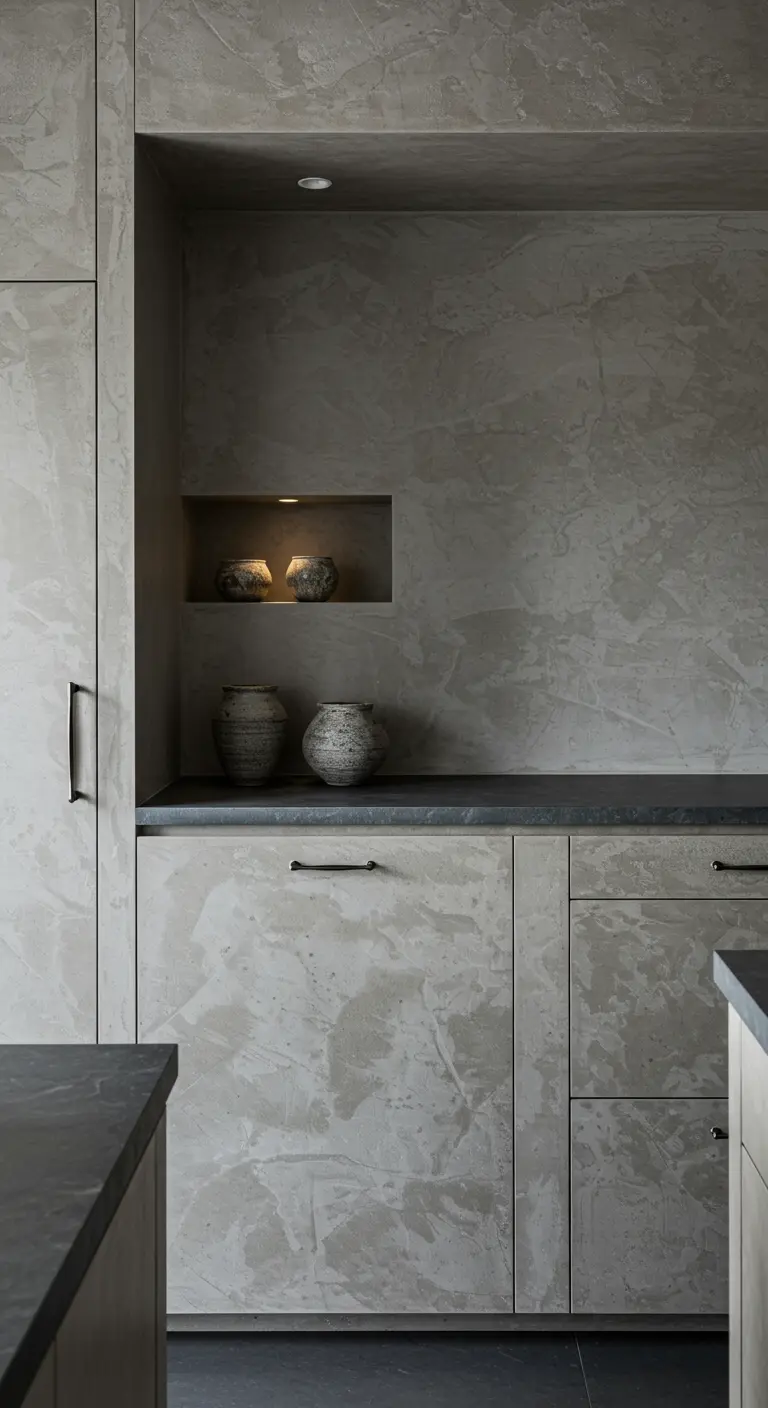 Kitchen cabinets with a unique, textured plaster or microcement finish in a light grey-beige tone.