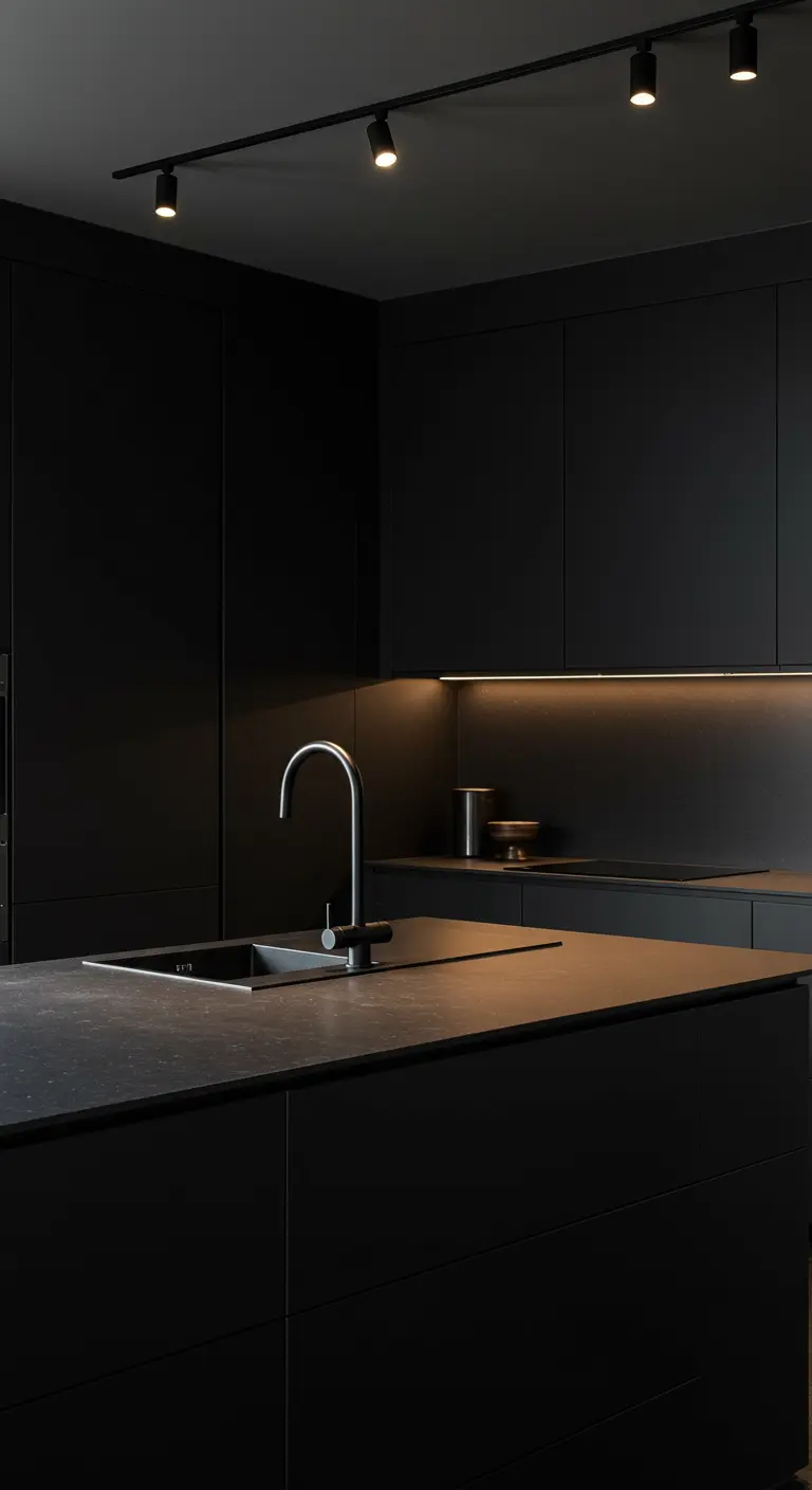 A moody, all-black minimalist kitchen with sleek cabinets and a curved black faucet.