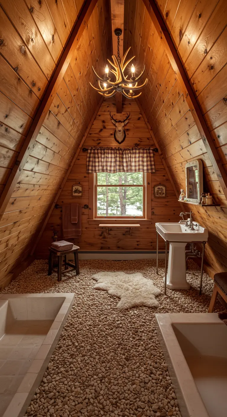 A-frame cabin bathroom with wood-paneled walls, pebble floor, and a pedestal sink.