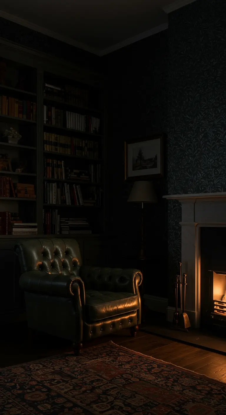 A very dark library with a single lamp illuminating a tufted green leather armchair.