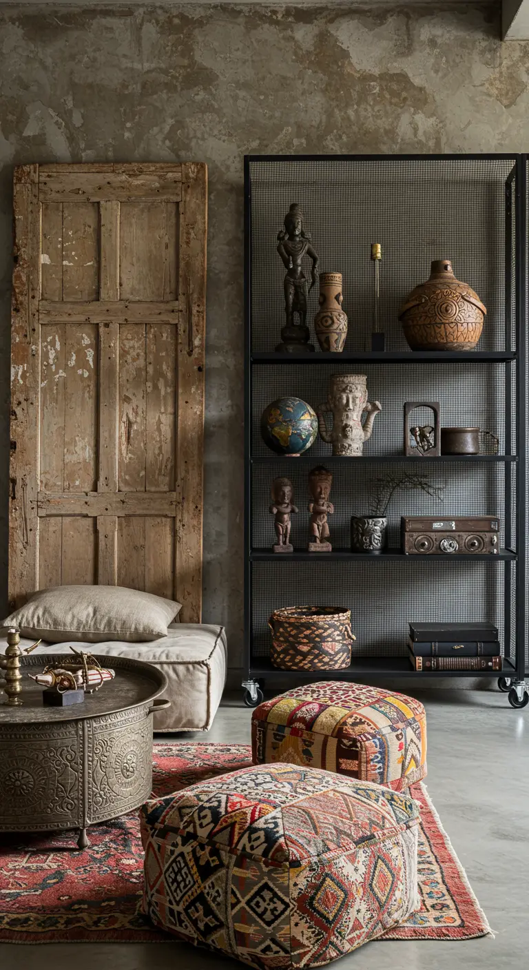 A reclaimed wood door leans near a metal shelf with artifacts and patchwork kilim poufs.