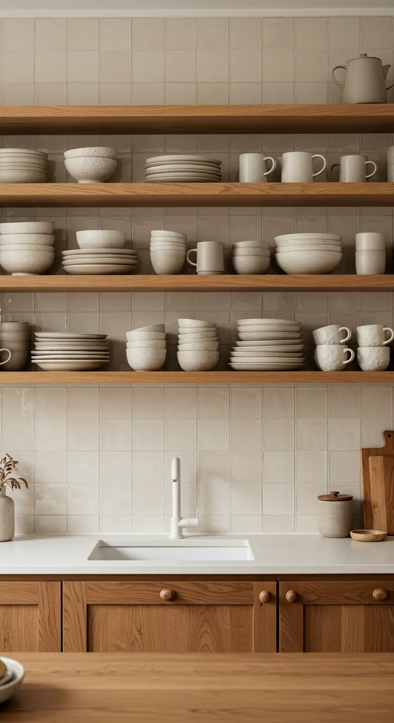 Wooden open shelving in a kitchen filled with neatly stacked cream-colored ceramic dinnerware.