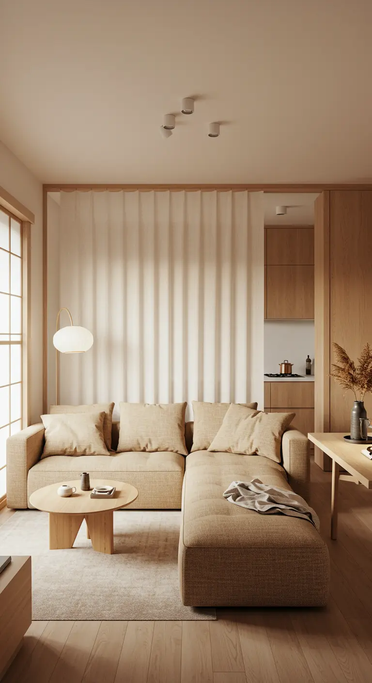 Japandi-style living room with a beige modular sofa and a light wood coffee table.