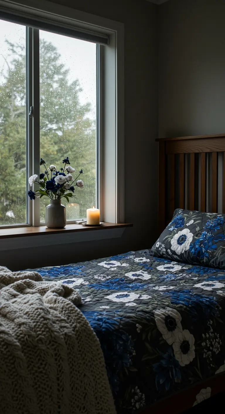 Dark blue floral quilt on a bed next to a rainy window with a candle.