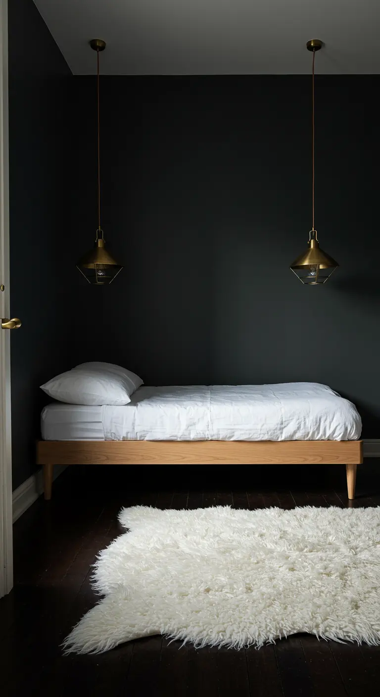 Dark-walled bedroom nook with a light wood bed and brass pendant lights.