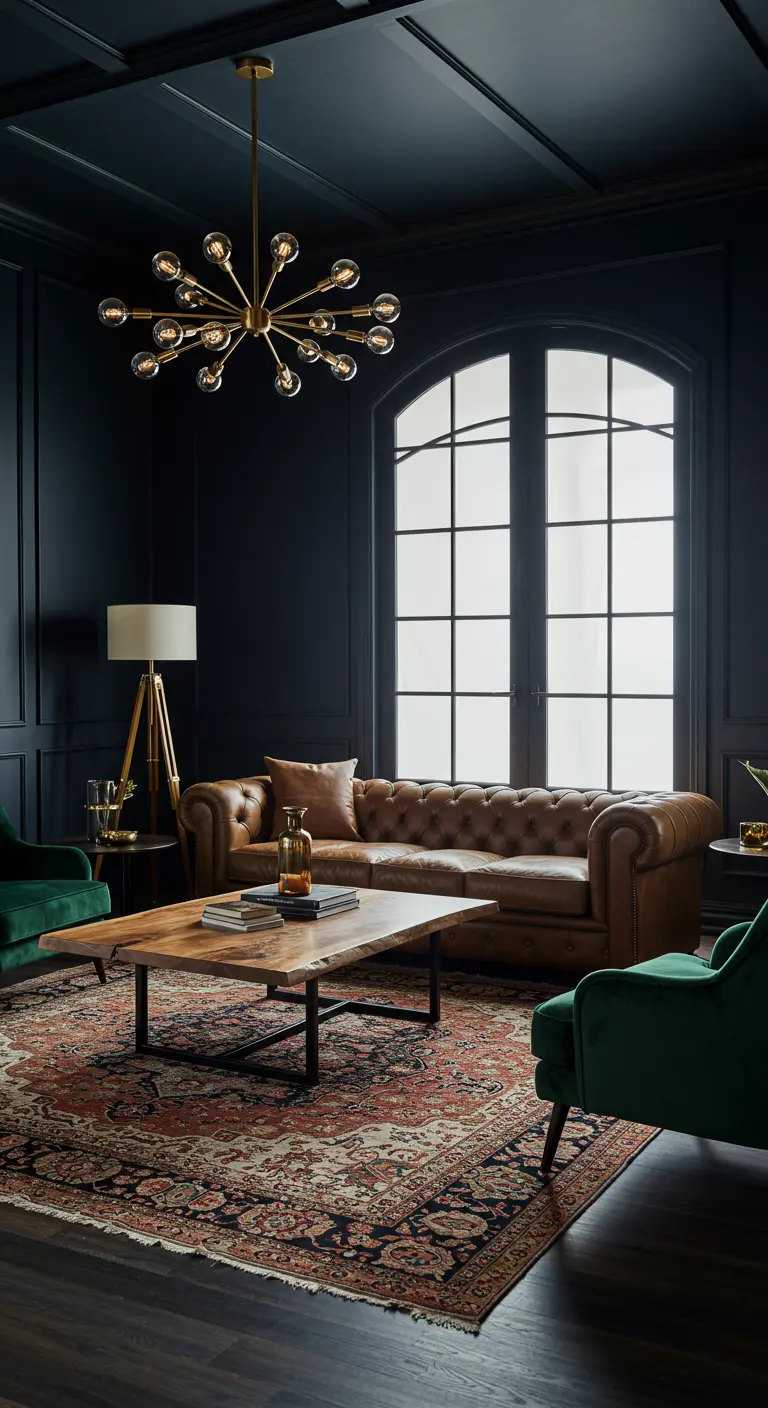 Dark and moody living room with a leather Chesterfield, green velvet chairs, and a brass chandelier.